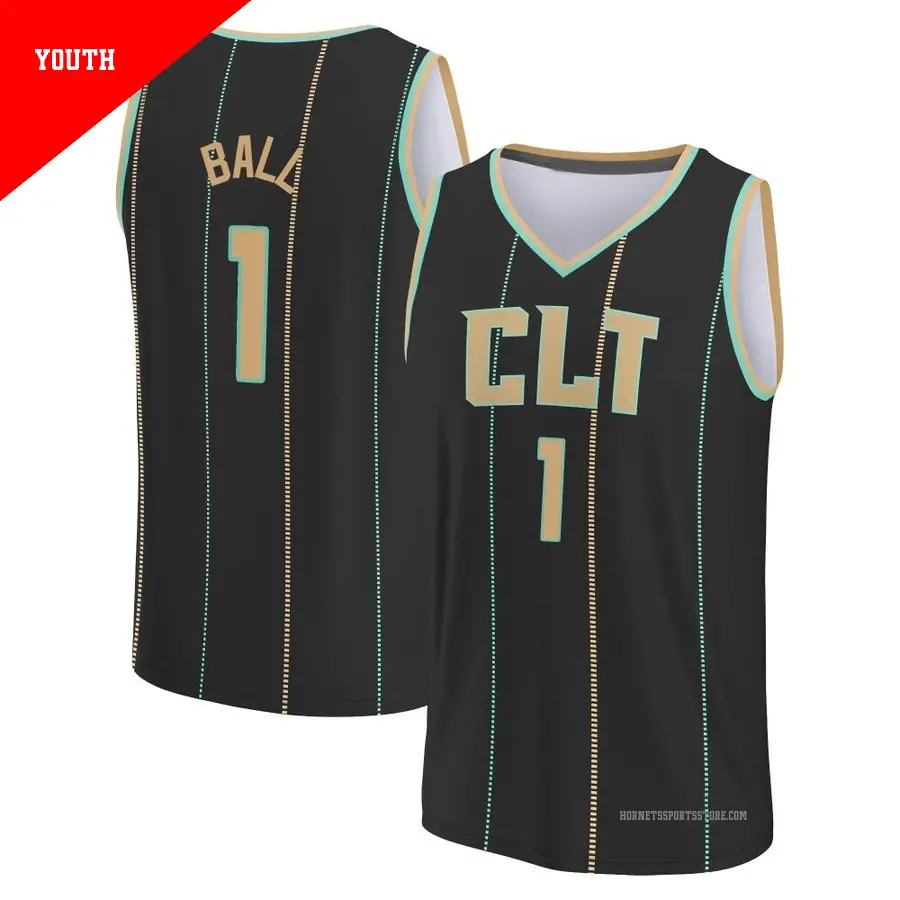 ＃1 Youth LaMelo Ball Charlotte Hornets 2022/23 Fast Break Black City Edition Jersey