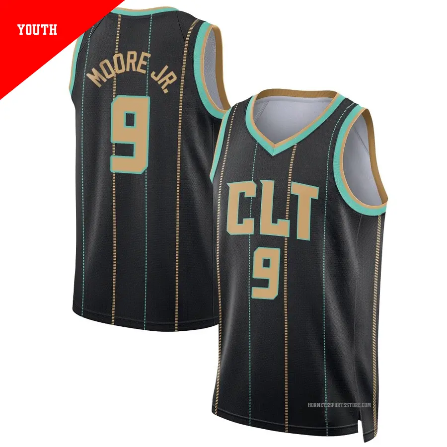 ＃9 Youth Wendell Moore Jr. Charlotte Hornets 2022/23 Swingman Black City Edition Jersey